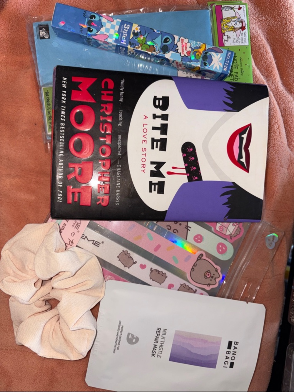 Book Gift Pack: Bite Me Hardcover, Facemask, Notepad, Pen, Hair tie, Nailfiles